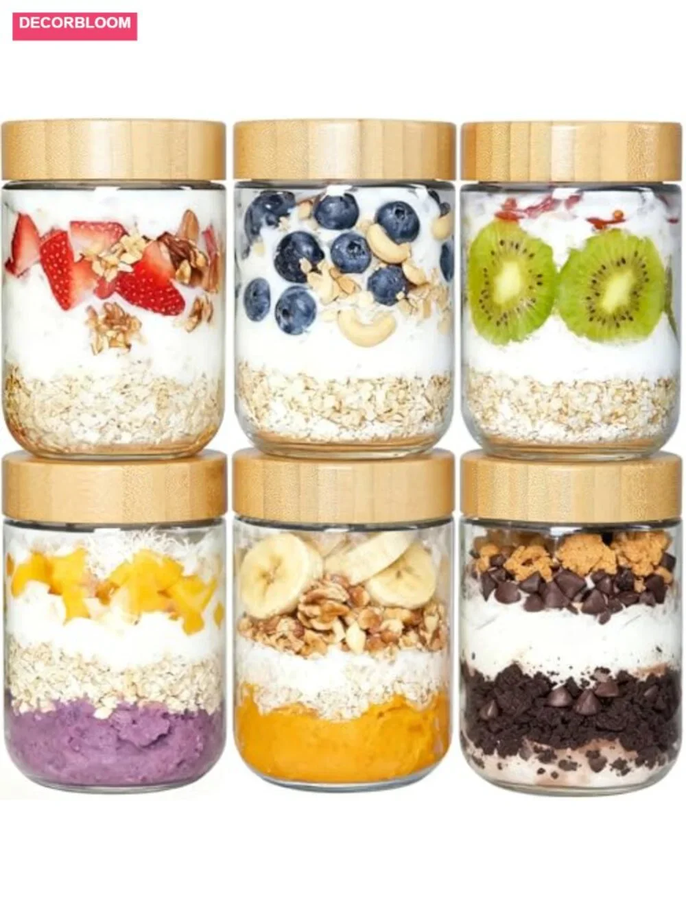 6 Pack 16oz Glass Overnight Oats Containers with Bamboo Lids, Leak Proof, Food